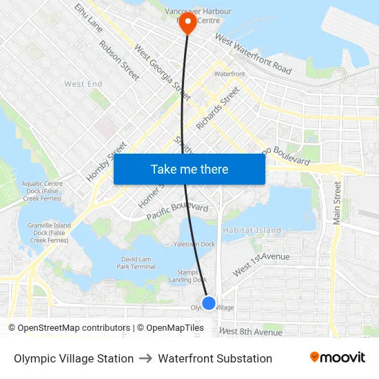 Olympic Village Station to Waterfront Substation map