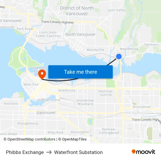 Phibbs Exchange to Waterfront Substation map