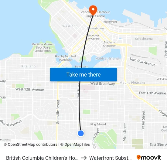 British Columbia Children's Hospital to Waterfront Substation map