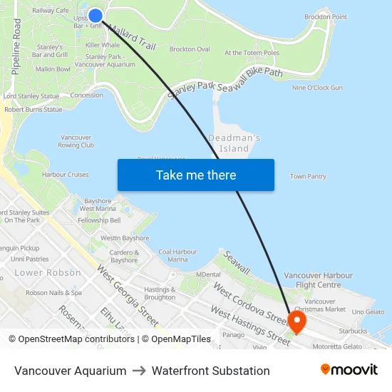 Vancouver Aquarium to Waterfront Substation map