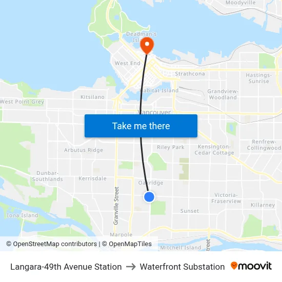 Langara-49th Avenue Station to Waterfront Substation map