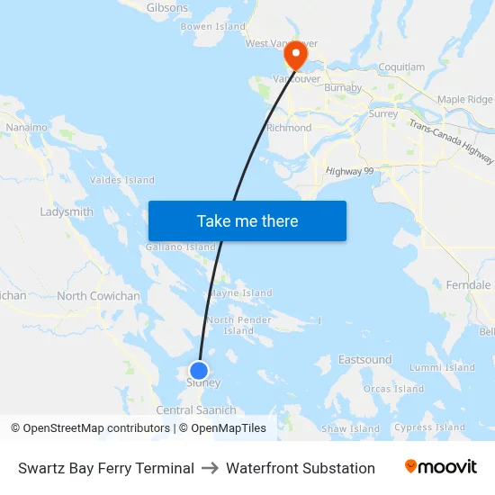 Swartz Bay Ferry Terminal to Waterfront Substation map
