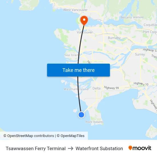 Tsawwassen Ferry Terminal to Waterfront Substation map