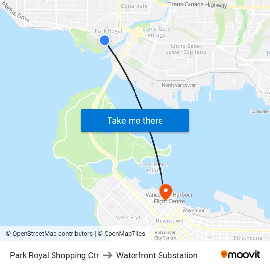Park Royal Shopping Ctr to Waterfront Substation map