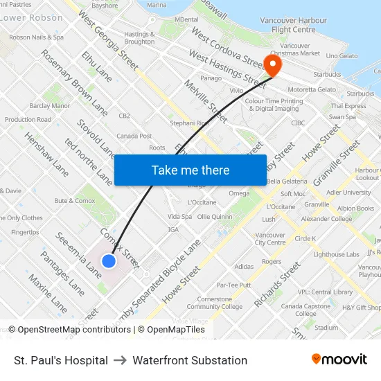 St. Paul's Hospital to Waterfront Substation map