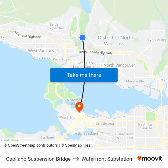 Capilano Suspension Bridge to Waterfront Substation map