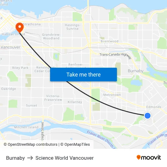 Burnaby to Science World Vancouver map