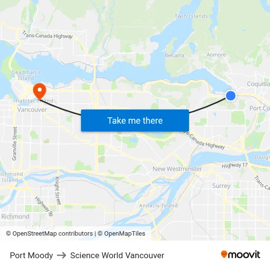 Port Moody to Science World Vancouver map