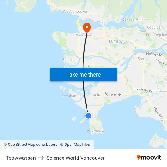 Tsawwassen to Science World Vancouver map