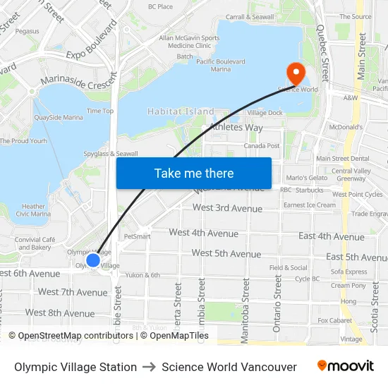 Olympic Village Station to Science World Vancouver map