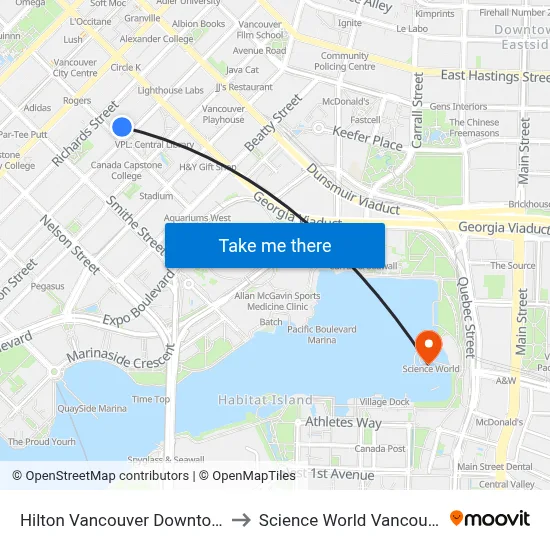 Hilton Vancouver Downtown to Science World Vancouver map