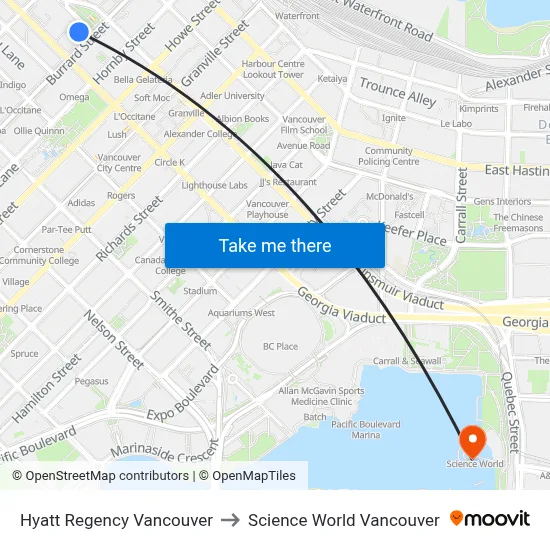 Hyatt Regency Vancouver to Science World Vancouver map