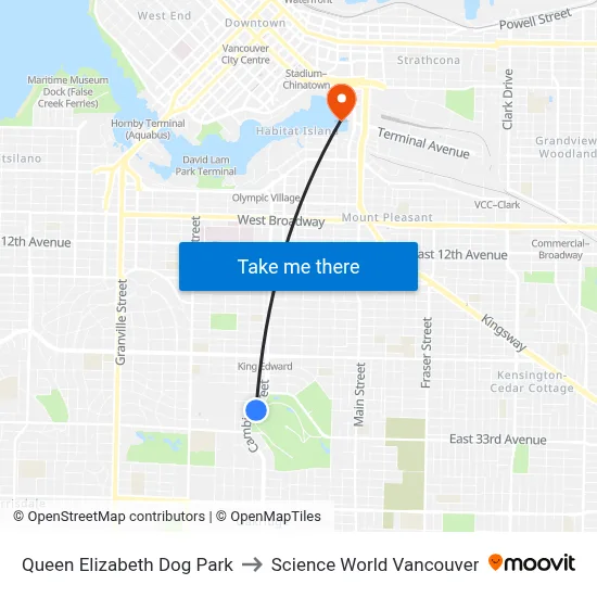 Queen Elizabeth Dog Park to Science World Vancouver map