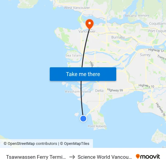 Tsawwassen Ferry Terminal to Science World Vancouver map