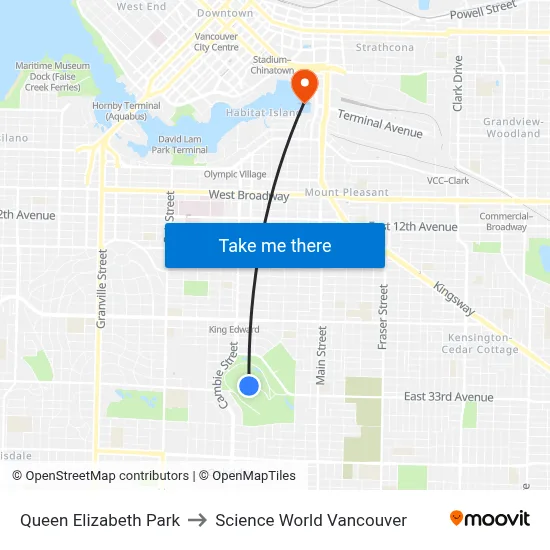 Queen Elizabeth Park to Science World Vancouver map