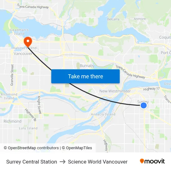 Surrey Central Station to Science World Vancouver map