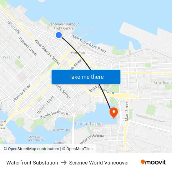 Waterfront Substation to Science World Vancouver map