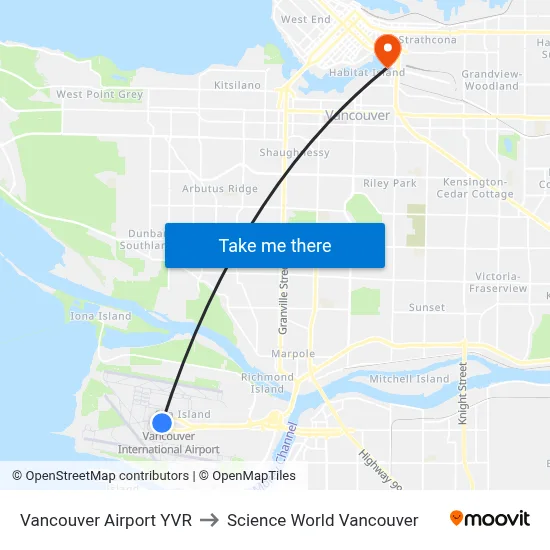 Vancouver Airport YVR to Science World Vancouver map
