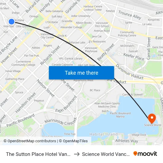 The Sutton Place Hotel Vancouver to Science World Vancouver map