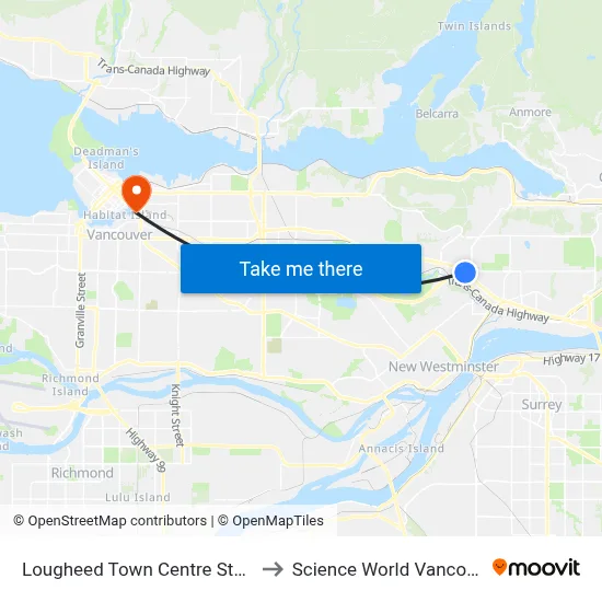 Lougheed Town Centre Station to Science World Vancouver map