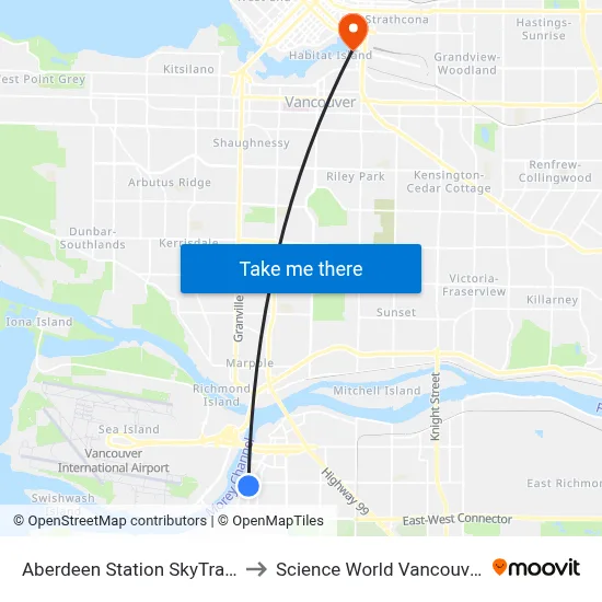 Aberdeen Station SkyTrain to Science World Vancouver map