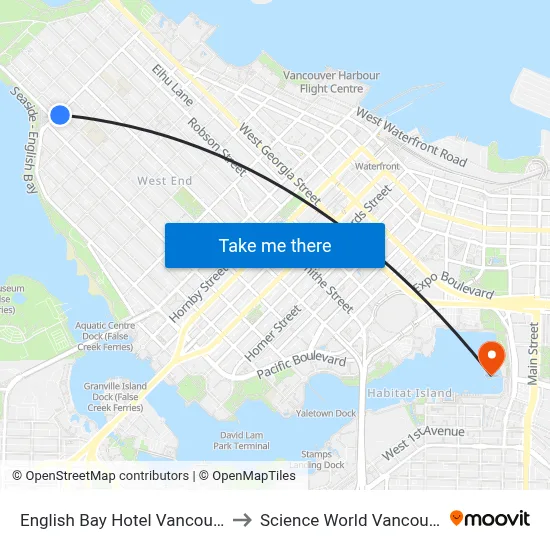 English Bay Hotel Vancouver to Science World Vancouver map