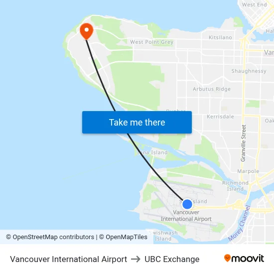 Vancouver International Airport to UBC Exchange map