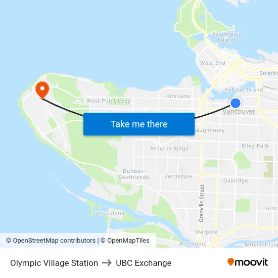 Olympic Village Station to UBC Exchange map