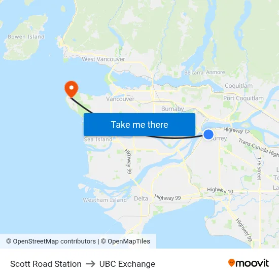 Scott Road Station to UBC Exchange map