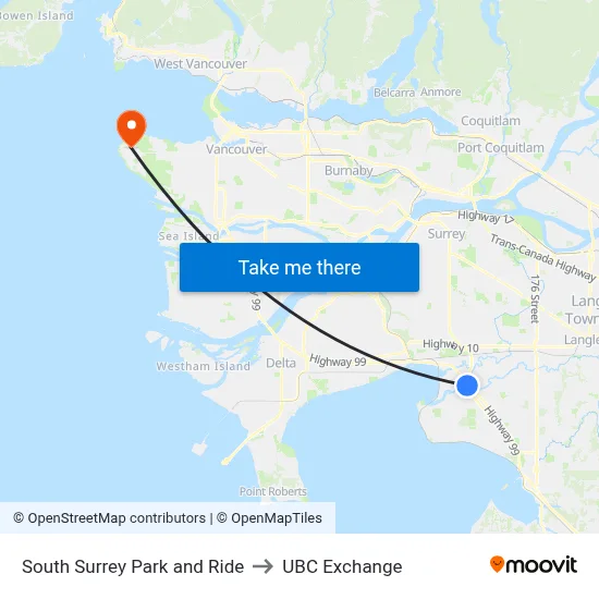 South Surrey Park and Ride to UBC Exchange map
