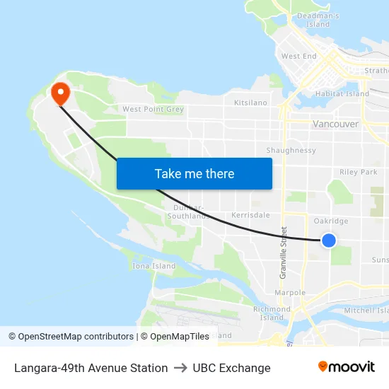 Langara-49th Avenue Station to UBC Exchange map