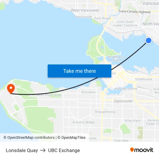 Lonsdale Quay to UBC Exchange map
