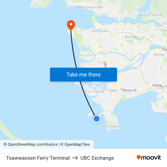 Tsawwassen Ferry Terminal to UBC Exchange map