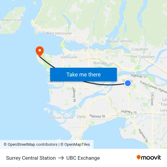 Surrey Central Station to UBC Exchange map