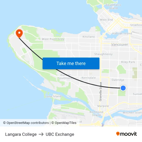Langara College to UBC Exchange map