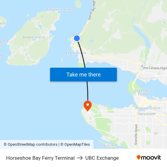 Horseshoe Bay Ferry Terminal to UBC Exchange map