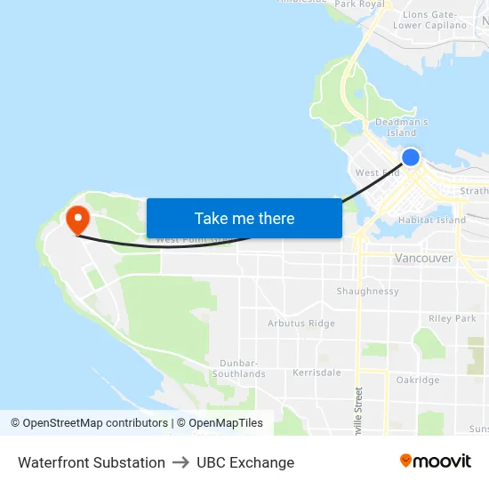 Waterfront Substation to UBC Exchange map