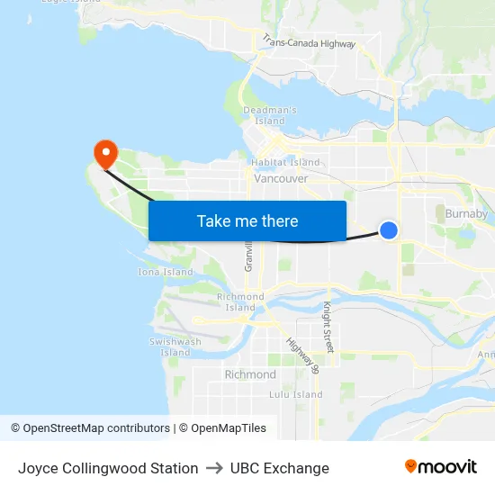 Joyce Collingwood Station to UBC Exchange map