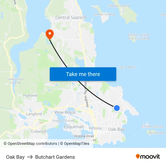 Oak Bay to Butchart Gardens map