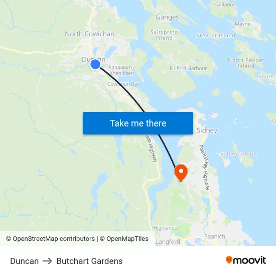 Duncan to Butchart Gardens map