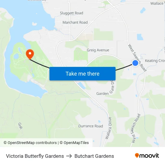 Victoria Butterfly Gardens to Butchart Gardens map
