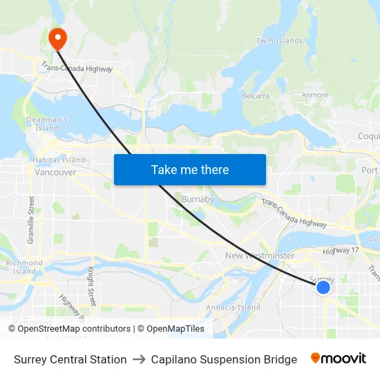 Surrey Central Station to Capilano Suspension Bridge map