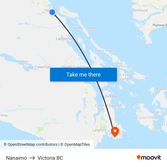 Nanaimo to Victoria BC map