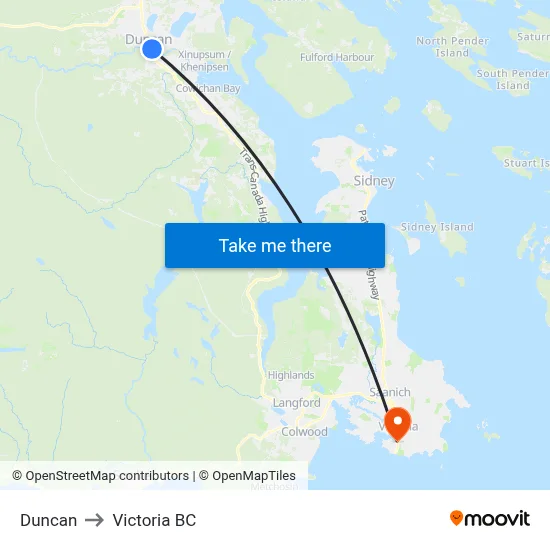 Duncan to Victoria BC map