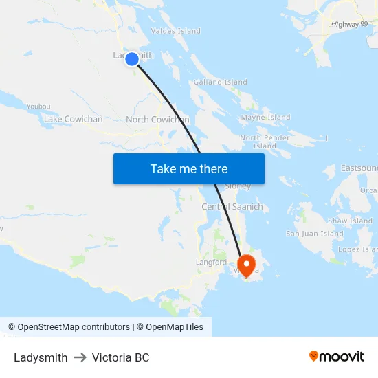 Ladysmith to Victoria BC map