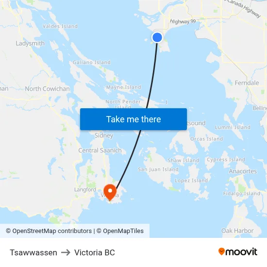 Tsawwassen to Victoria BC map
