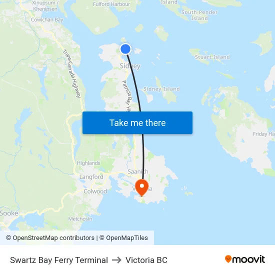 Swartz Bay Ferry Terminal to Victoria BC map