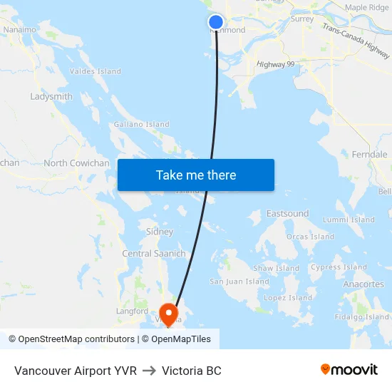 Vancouver Airport YVR to Victoria BC map