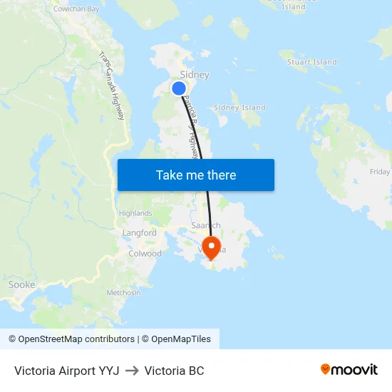 Victoria Airport YYJ to Victoria BC map