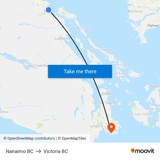 Nanaimo BC to Victoria BC map